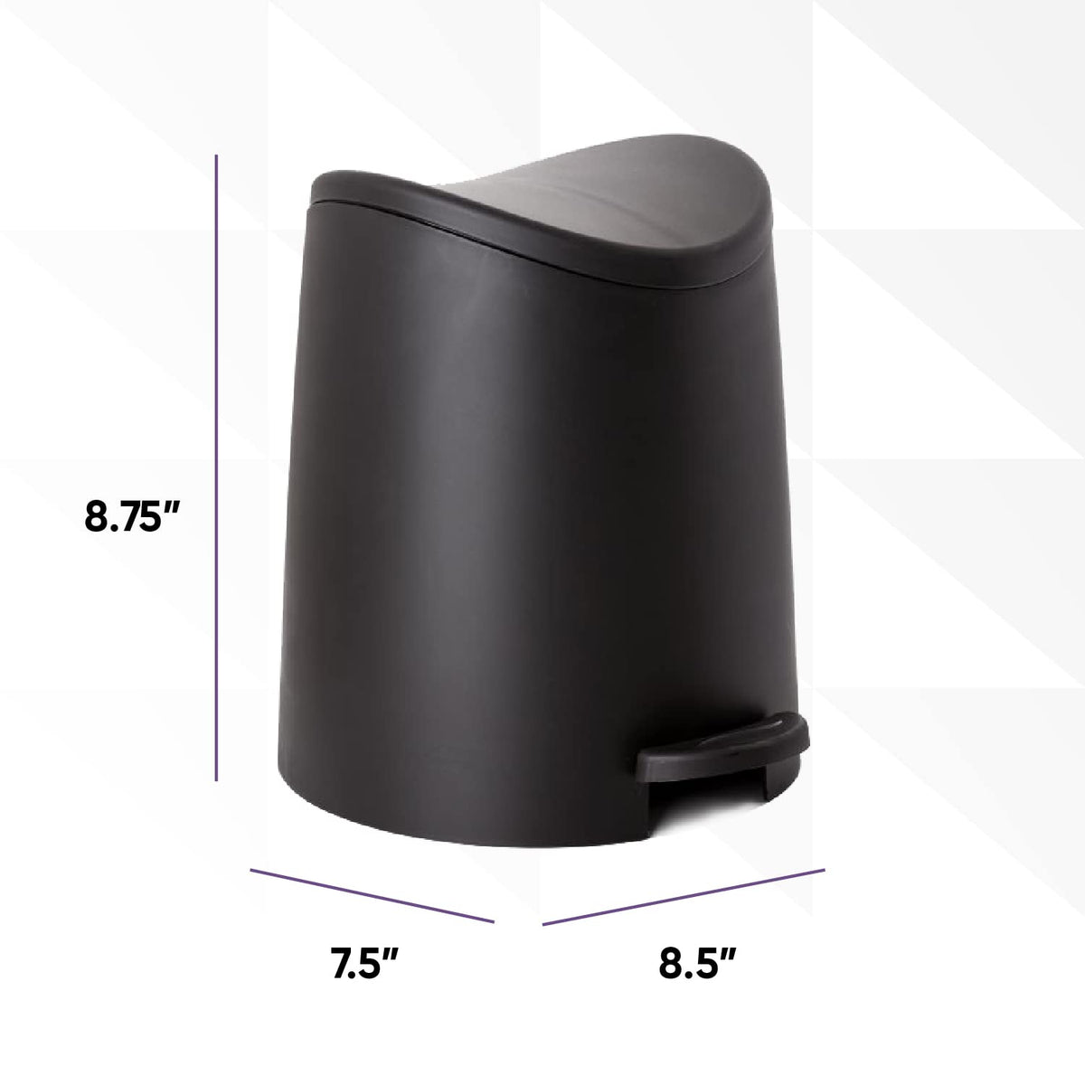 Superio MIni Plastic Bathroom Trash Can with Lid 3 Liter Black Modern Curved Step On Trash Can with Foot Pedal, Mini Kitchen Waste Bin, Durable and Soft Close for Bedroom, Office, Under Desk