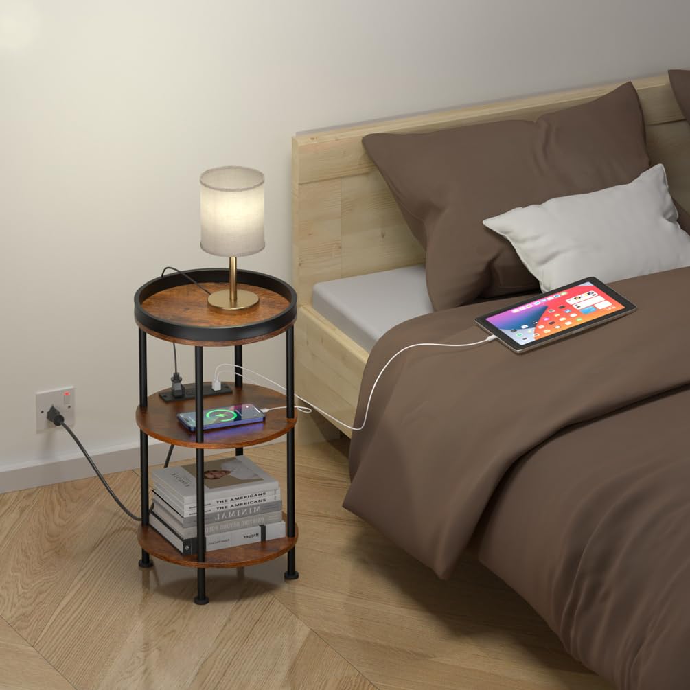 Small Round Side Table with Charging Station for Small Spaces, 3-Tier Round Accent Table with USB Ports & Power Outlets, Corner Table Sofa End Table for Living Room Bedroom (USB Charger, Rustic Brown)