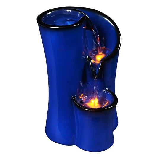 Indoor Water Fountain Imitation Ceramics Appearance Tabletop Relaxation Desktop Waterfall w/ 3 Reflective led, 9.8 Inch Tall (Blue)