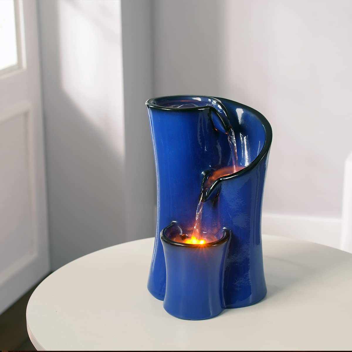 Indoor Water Fountain Imitation Ceramics Appearance Tabletop Relaxation Desktop Waterfall w/ 3 Reflective led, 9.8 Inch Tall (Blue)