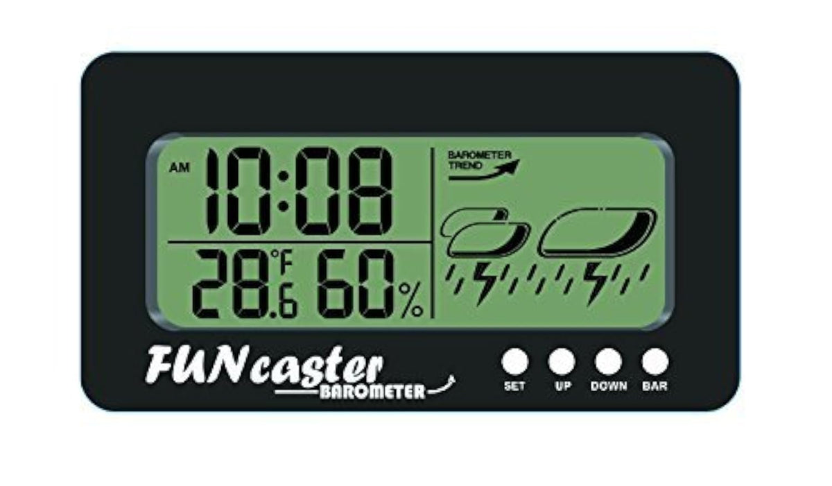 TecScan FUNcaster Barometer Ambient Weather Clock for Golf Cart, Boat, Home, Office Easy to See Time, Temp, Humidity, & Forecast