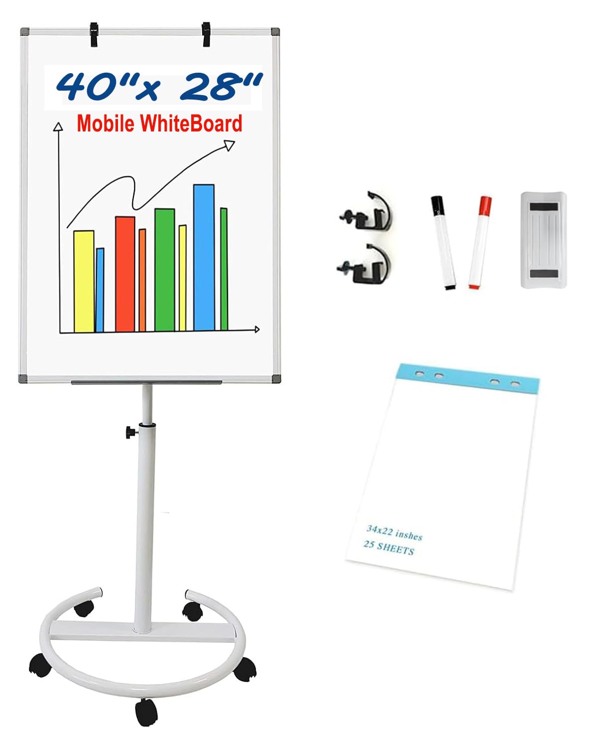 BEST BOARD Mobile Easel Whiteboard 28 × 40 Inches Adjustable Height Rolling Whiteboard on Wheels, Portable Dry Erase Board Stand Easel Flipchart with Paper Pad
