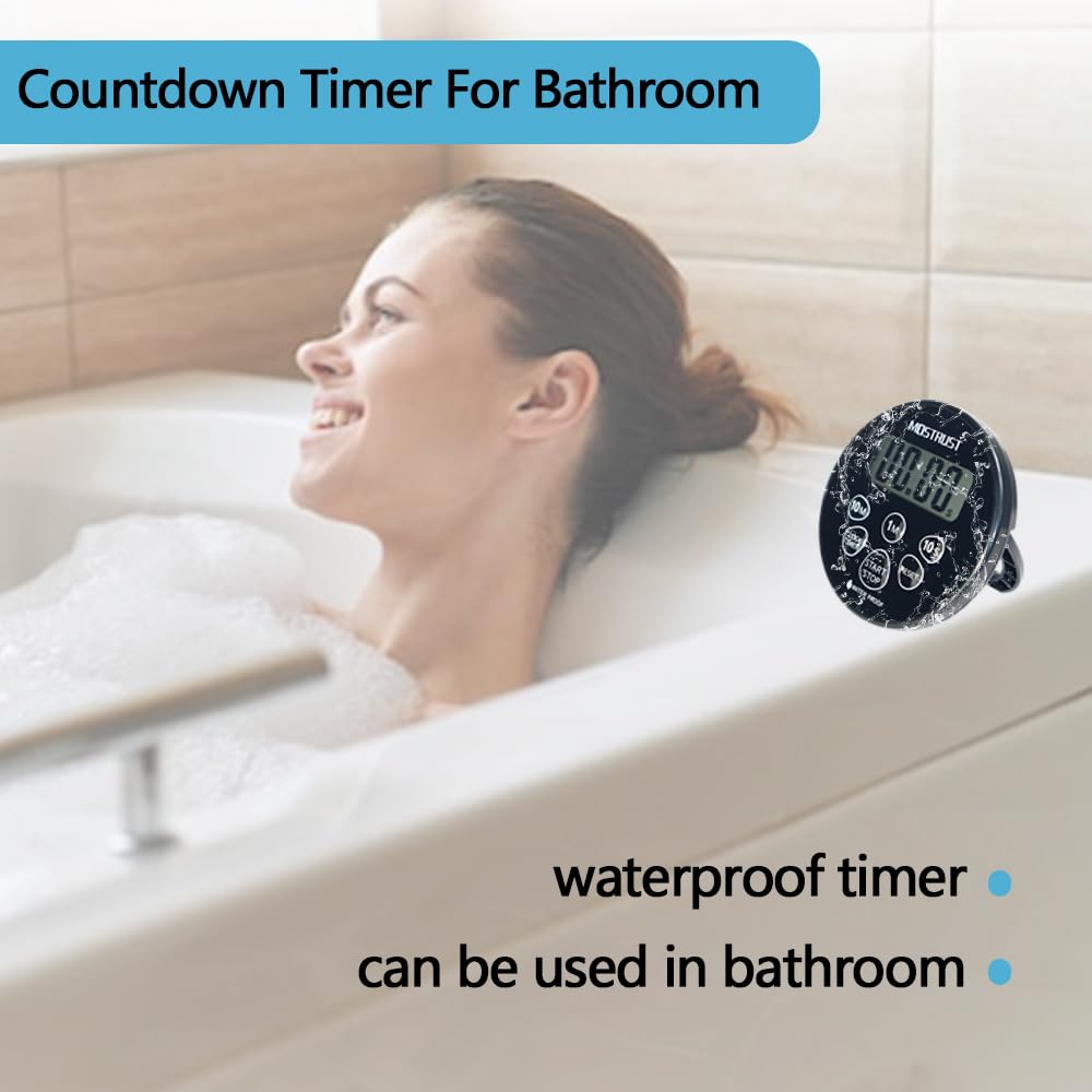 MOSTRUST Digital Waterproof Shower Clock Timer, Bathroom Kitchen Countdown Cooking Timer with Alarm, Magnetic Back, Stand Dark Black