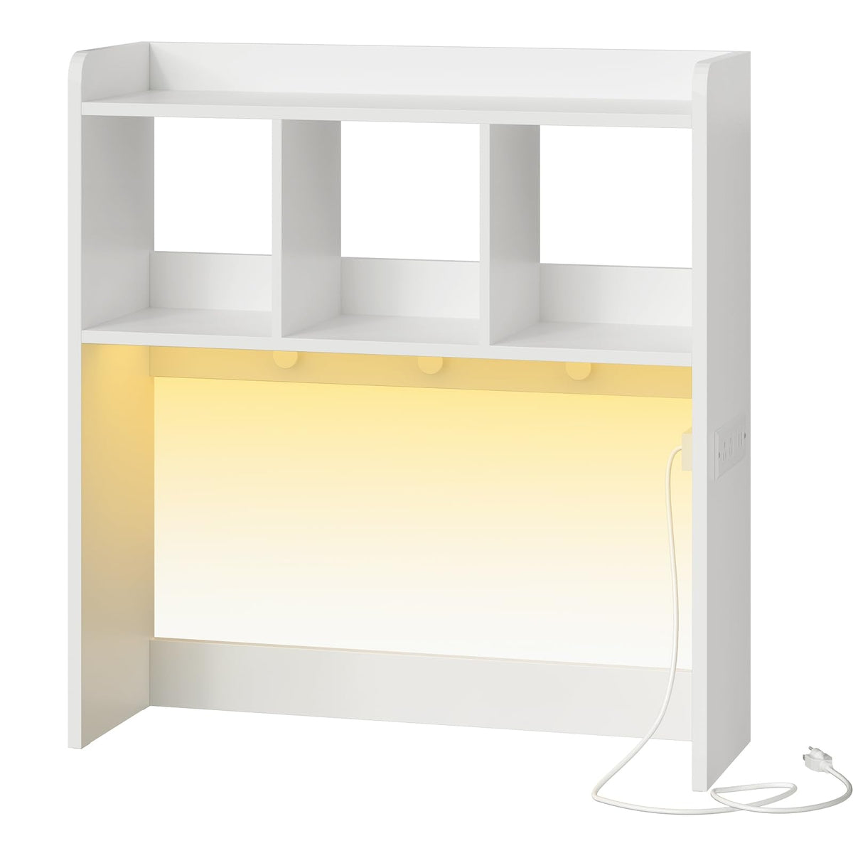 HOOBRO Desktop Bookshelf, Office Desktop Shelf, Desk Hutch with Outlets, Wooden Office Desktop Bookcase, Desktop Organizer Shelf with LED Light Strip and 3 Hooks, for Home, Study, White WT12UDSJ01