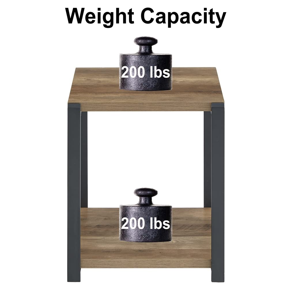 FOLUBAN Industrial End Table, Square Side Table with Storage Shelf for Living Room, Wood and Metal Nightstand, Oak