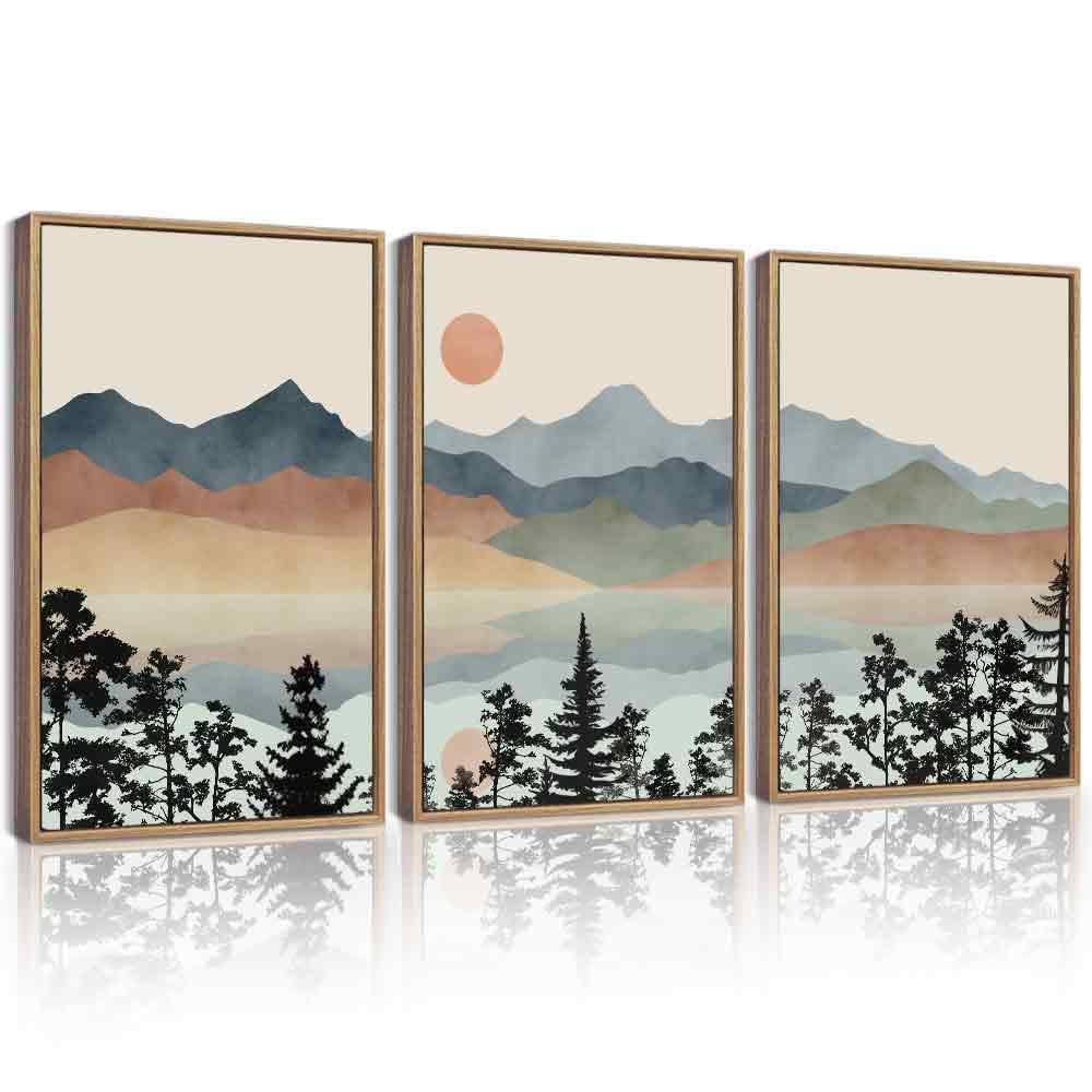 Drsoum Mountain Range Landscape Wall Art Framed Ink Wash Watercolor Nature Wall Decor Laker Sun Rises Prints Bedroom Living Room Ready to Hang 16x24in Natural Framed