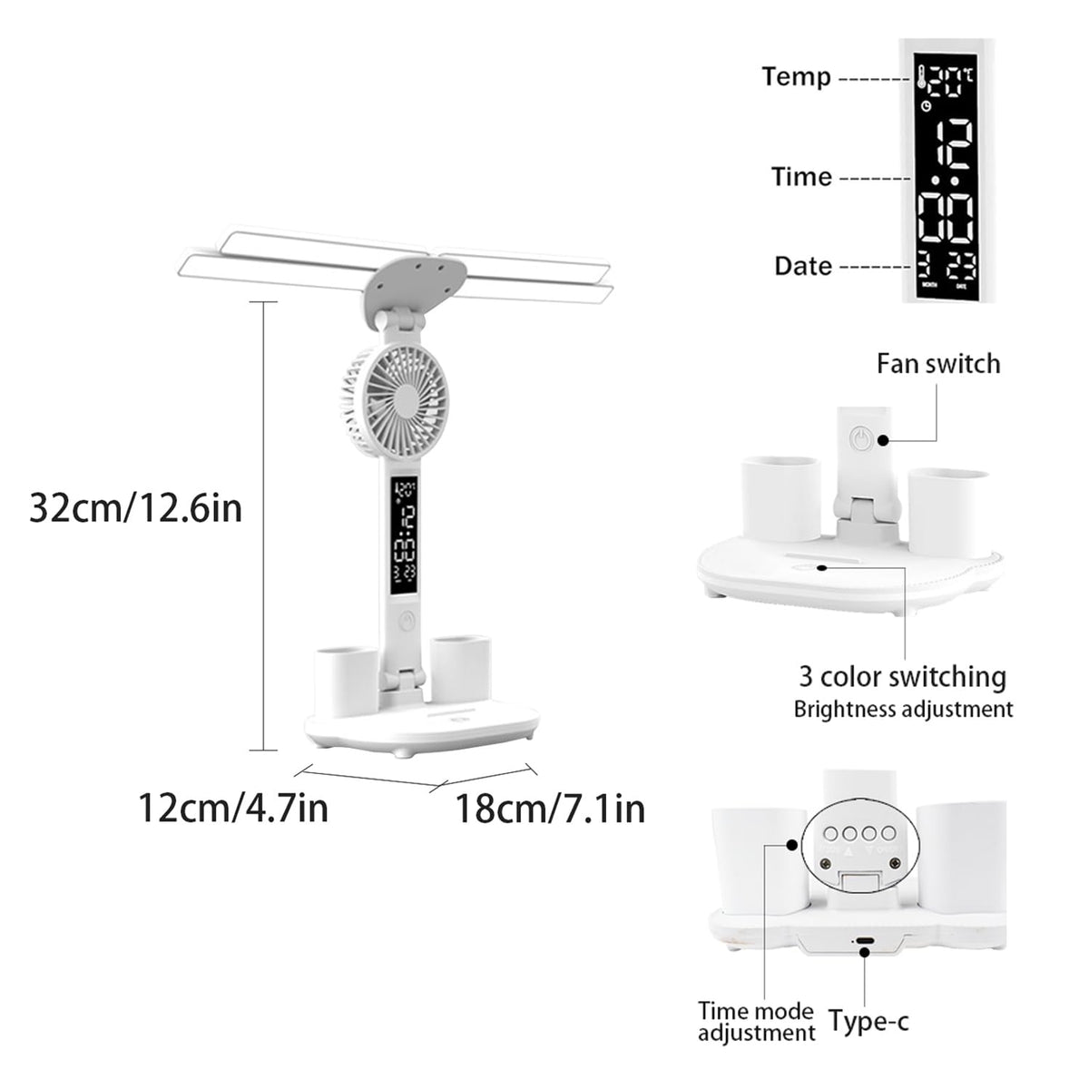 niccryle Led Desk Lamp with Fan Study Light with Clock, Adjustable Foldable Table Lamp with Pen Holder, 3 Brightness Levels, USB Charging Port