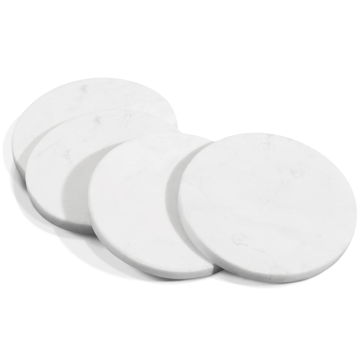 Mela Artisans White Marble Coasters Set of 4 – Round Stone Coasters for Drinks – Elegant White Coffee Table Decor – Handcrafted Natural Marble Cup Mat for Wine, Water & Beer