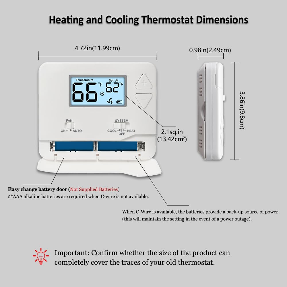 NonProgrammable Thermostat for Home, Digital Energy-Saving Thermostat,Single-Stage Systems, 1 Heat/1 Cool, Easy DIY Install, White Backlight