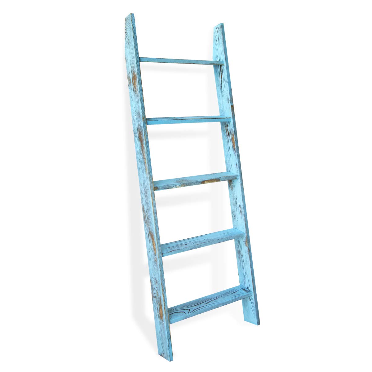 Honest Ladders for Living Room, 5-Tier Blanket Holder, Wall-Leaning Rack, Ladder Shelves, Wooden Quilt Ladder, Farmhouse Decor, Blue