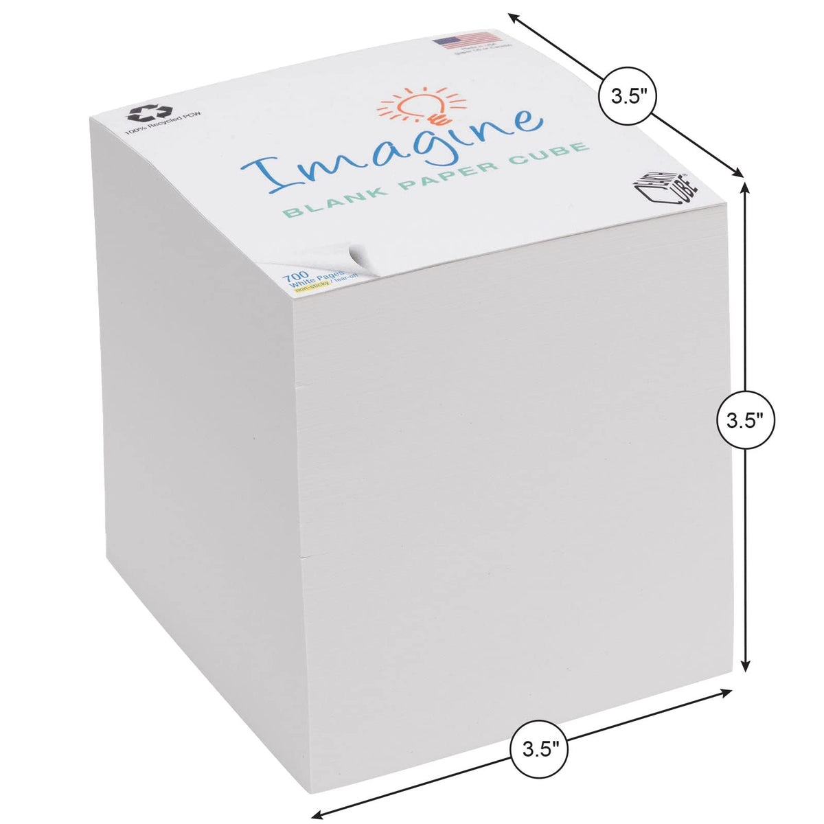 EARTHCUBE Blank White 3.5 Inch Note Cube (Not Sticky) Made in USA (Paper US or CAN) 100% Recycled 700 Tear-off Pages (Not Loose) 'Imagine'