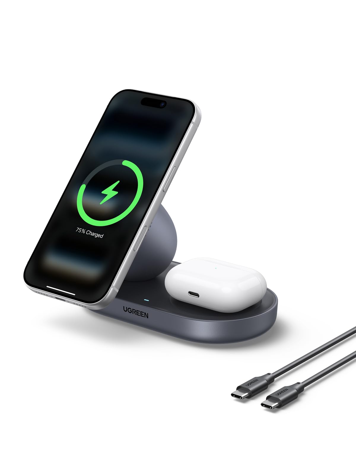 UGREEN Qi2 15W Wireless Charger 2-in-1, MagSafe Compatible Fast Charging Stand for iPhone 17 16 15 14 13 12 Series and AirPods, Fixed Viewing Angle, Compact Desktop Charging Station