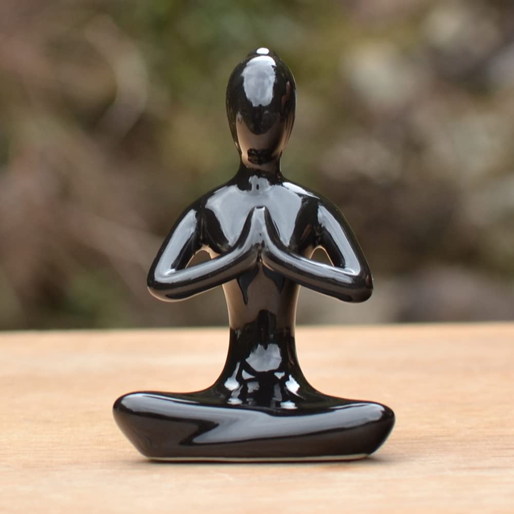 OwMell Lot of 4 Meditation Yoga Pose Statue Figurine Ceramic Yoga Figure Set Decor - Black