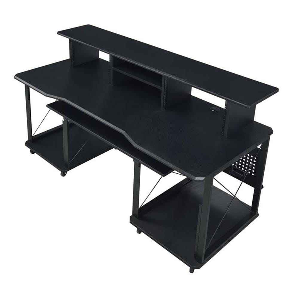 BOWERY HILL Music Desk, 72" L x 30" W x 40" H, Metal and MDF with Black Finish, Shelves and Compartments, Pull-Out Keyboard Tray, Cord Management, Multi-Function Desk for Home Studio or Office Use