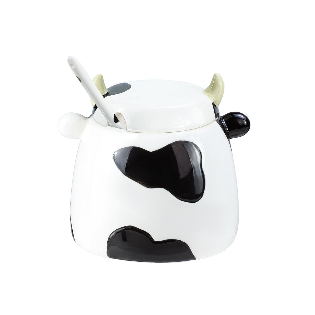 Bicuzat Cute Cow Pattern Ceramic Sugar Bowl, Cow Shaped Salt Bowl with Lid Spoon Set, 15 OZ