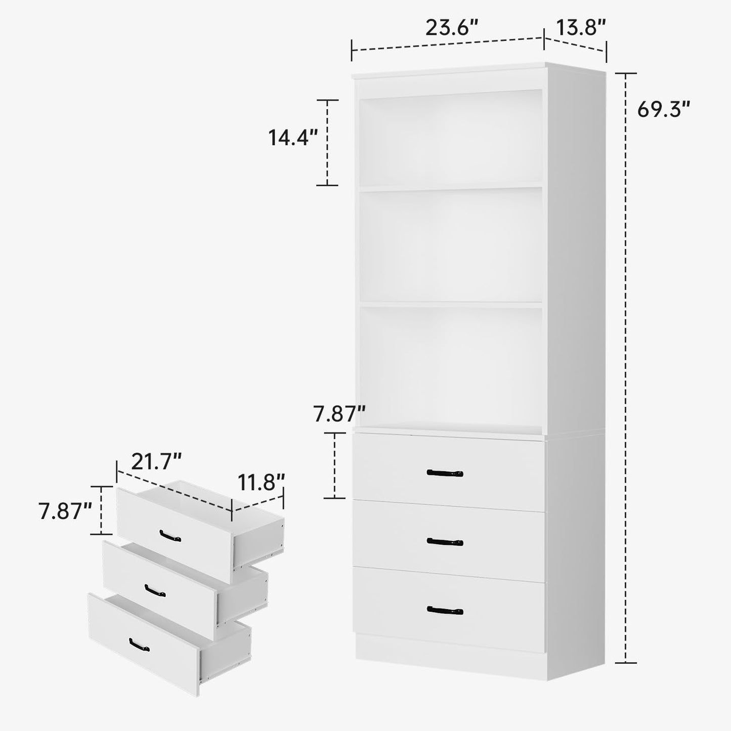 OneBlis 70" H Bookshelf with Drawers, Tall Bookcase with 3-Tier Open Shelves, Bookshelf and Bookcase with Storage Cabinet for Home Office,Living Room(White, 6-Tier)