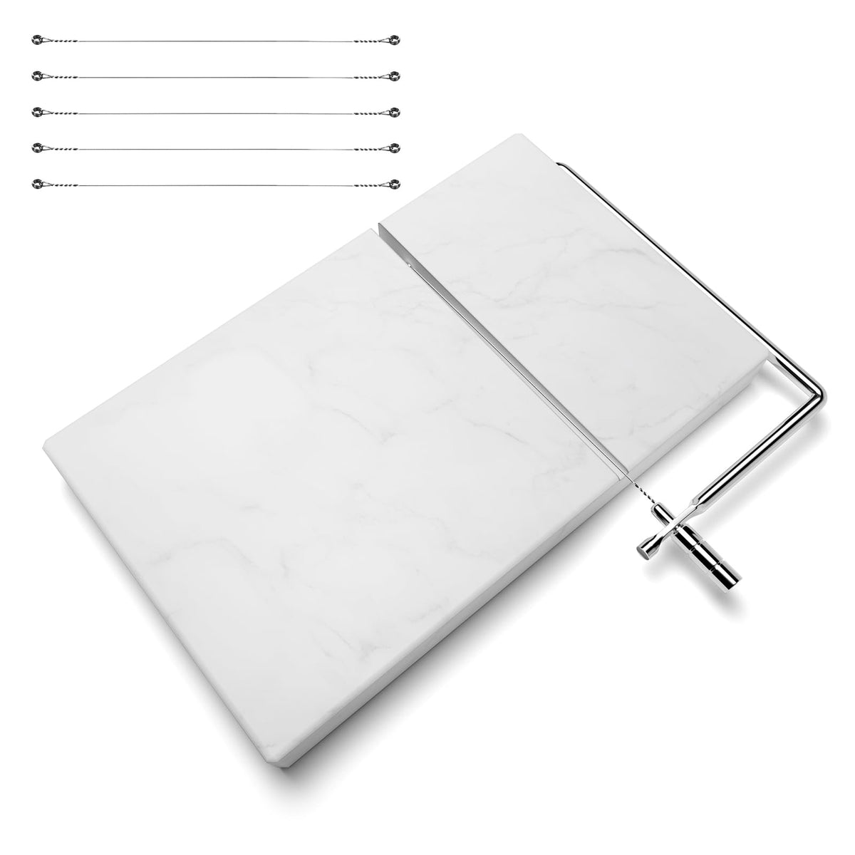 TOPULORS Cheese Slicer with 5 Replacement Upgrade Thick Cutting Wires - Heavy Duty 5"x8" Handheld Marble Board Cutter for Block Cheese, Butter - Kitchen Gadget Slicers Tool - White