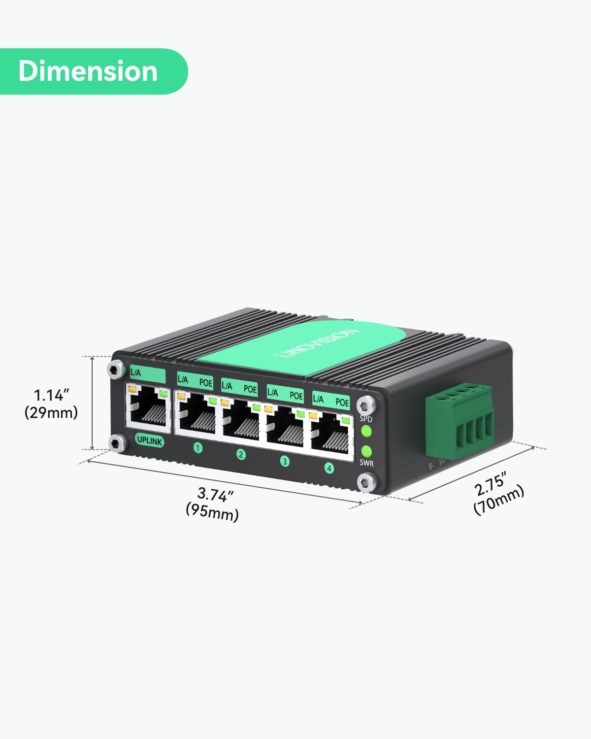 LINOVISION Industrial 5 Ports Gigabit 12V PoE Switch, Solar Powered Switch Support DC 9–54V Input to 48V PoE Output, 4 x IEEE 802.3af/at Ports 30W @120W, IP40 for Solar Power/RV Truck/VoIP Systems