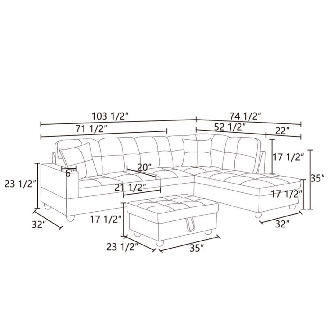 UOCFYK L-Shaped 3-Piece Linen Sofa with Storage Ottoman Set, Sectional Couch Sofa Set for Living Room, Office, Small Space, Grey