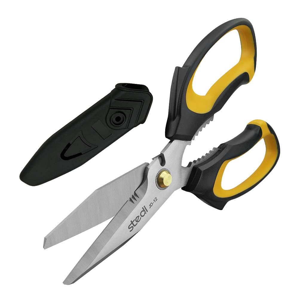 Stedi Scissors Heavy Duty 8-Inch,Multipurpose Scissors,Sharp Stainless Steel Shears with Serrated Edge & Protective Cover,Non-Slip Handle,Easy Cutting Cardboard, Carpet,Leather, Fabric, Wires, Yellow
