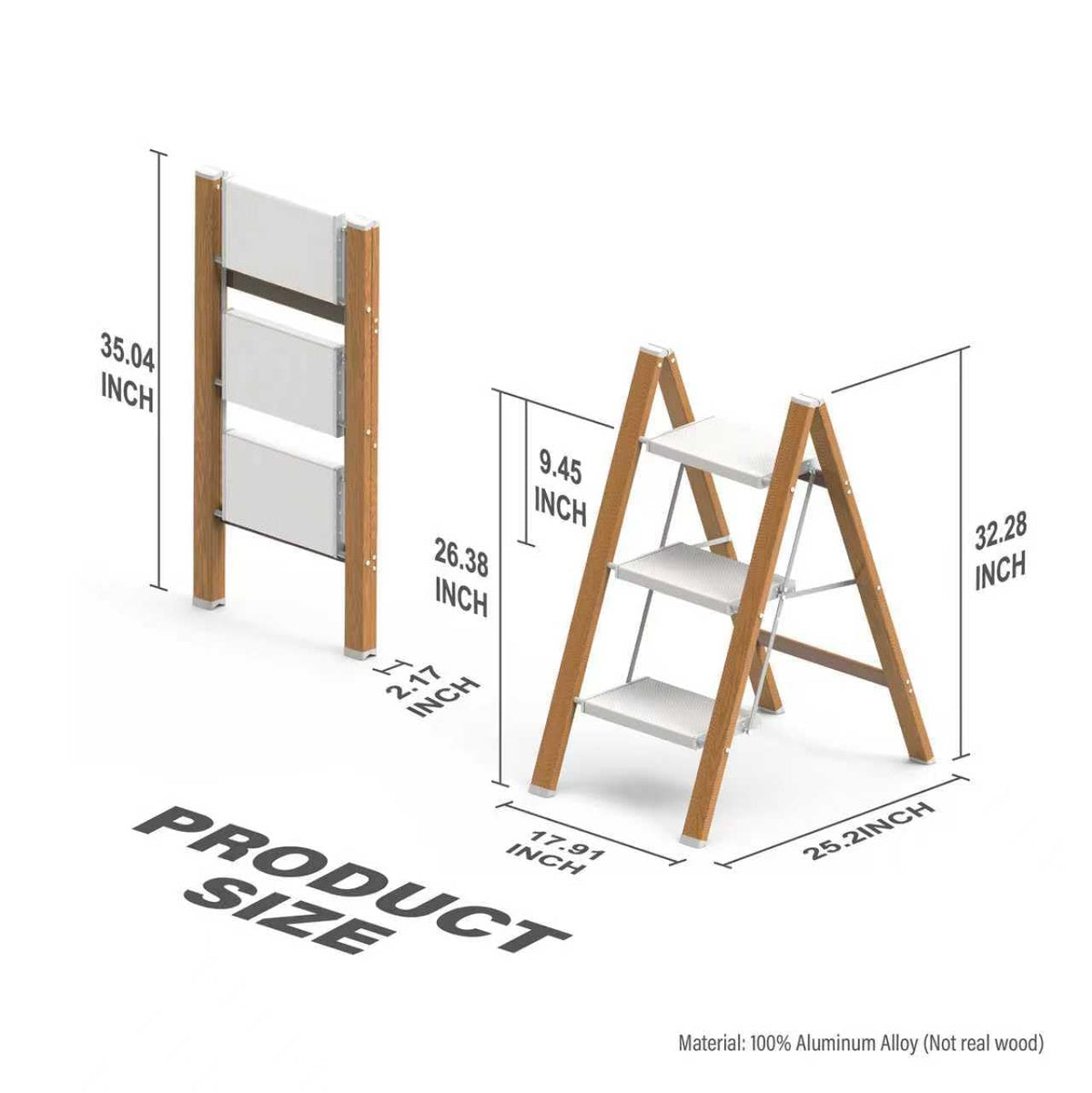 3 Step Ladder, Folding Aluminum Step Stool with Anti-Slip Wide Steps for Adults, Ideal for Kitchen, Closet, Bedroom, 330 lbs Capacity (Woodgrain) (Light Woodgrain, 3 Step)