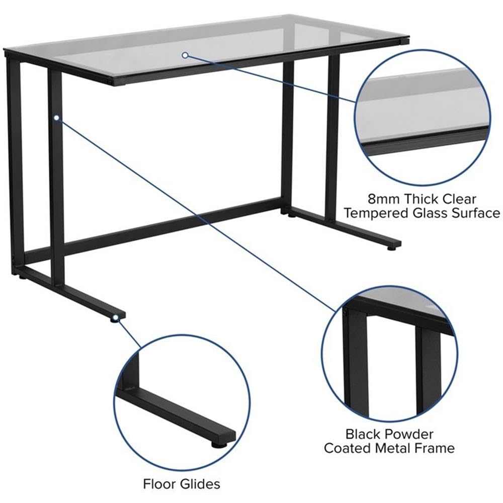 Flash Furniture Singleton Glass Desk with Black Pedestal Metal Frame