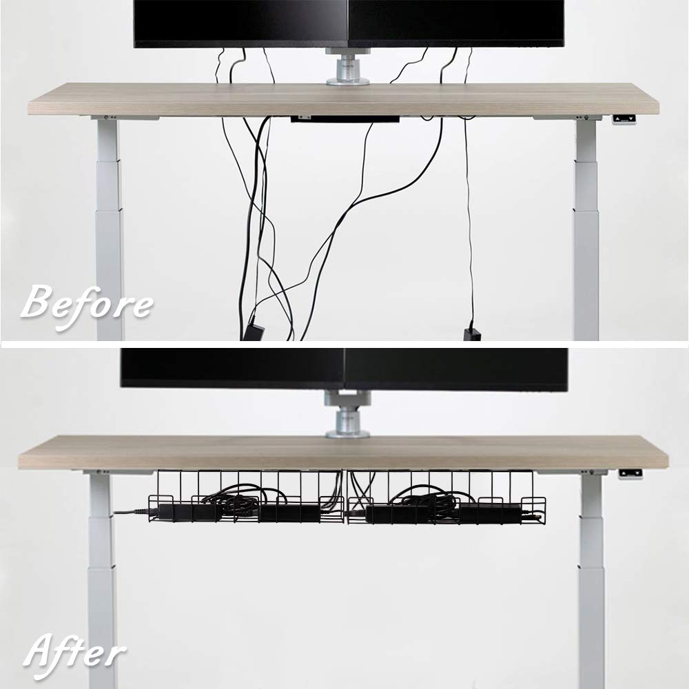 2 Packs Cable Management Tray, 16" Under Desk Organizer for Wire Organization, Metal Holder for Desktop Computer Home Office Kitchen Workstation to Cover and Hide Power Strips (Black)