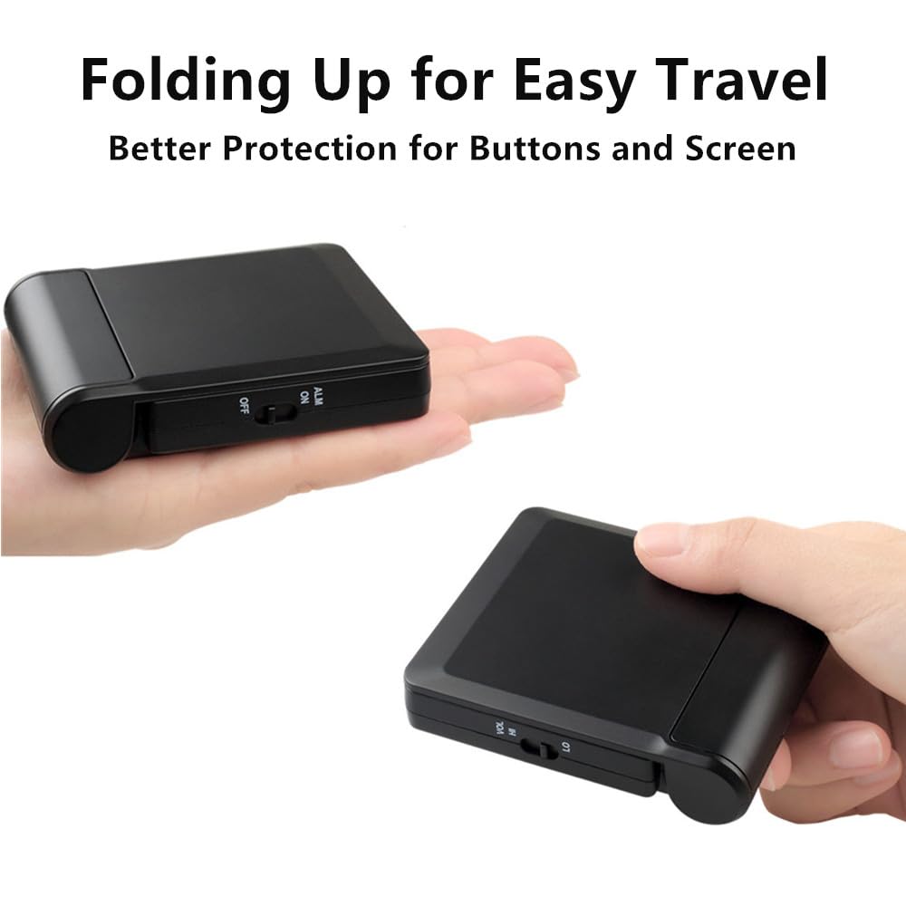 FAMICOZY Small Folding Digital Travel Alarm Clock with Day/Month/Date/Indoor Temperature,Easy to Read and Set,High/Low Alarm Volume,9 Min Snooze,Backlight on Demand,Bedside Calendar Alarm Clock,Black