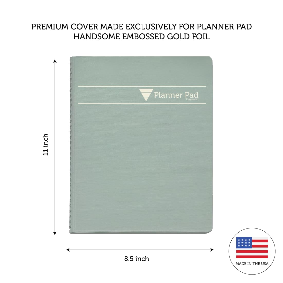 Planner Pad Spiral Bound January-December 2026/ Calendar Year 8 1/2" x 11" Large 3-Tier Funnel Down 12 Month Organizer, Greenish Grey Cover/Soft Green Ink