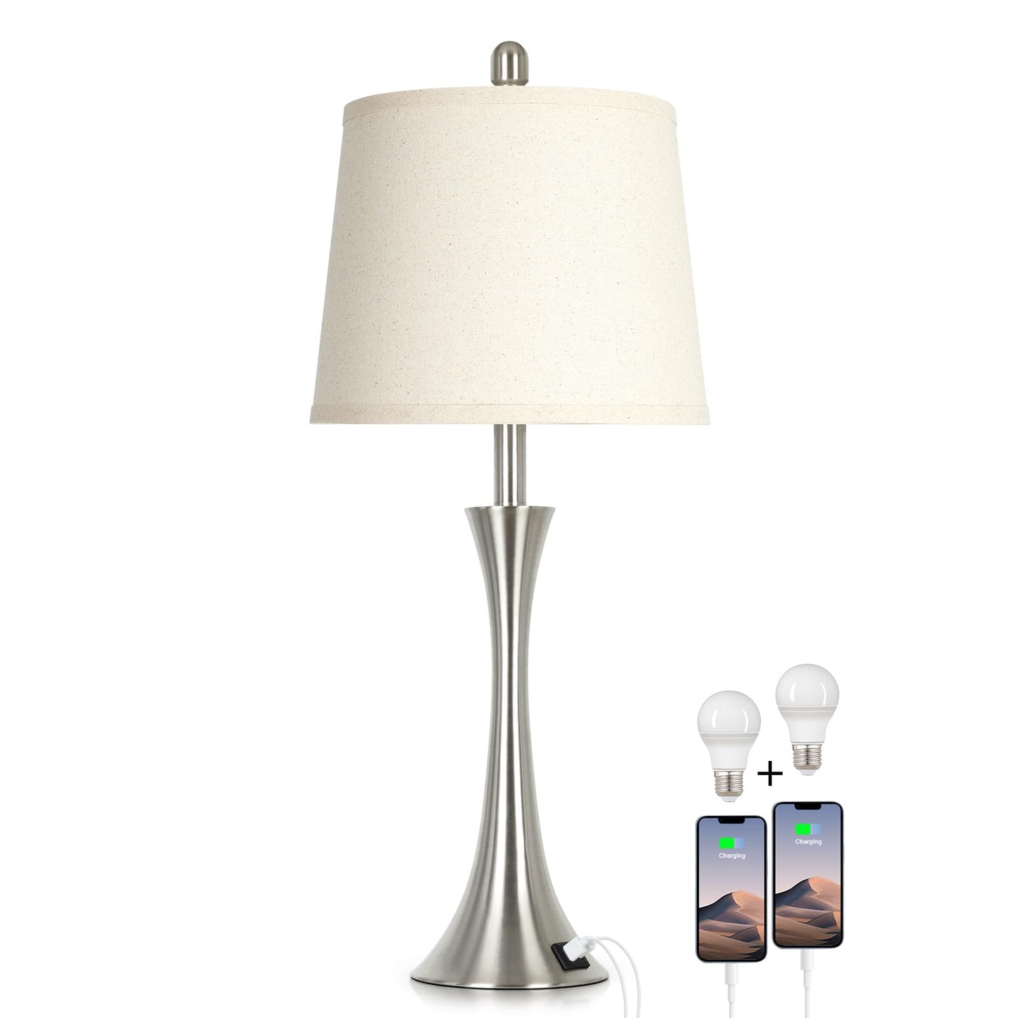 Rinweey 27.5" Silver Table Lamps, Touch Bedside Lamps with USB C+A Ports, 3 Way Dimmable Nightstand Lamps for Bedroom, Living Room, Office, Silver Lamp with Beige Lampshade, Bulbs Included (1 Pack)
