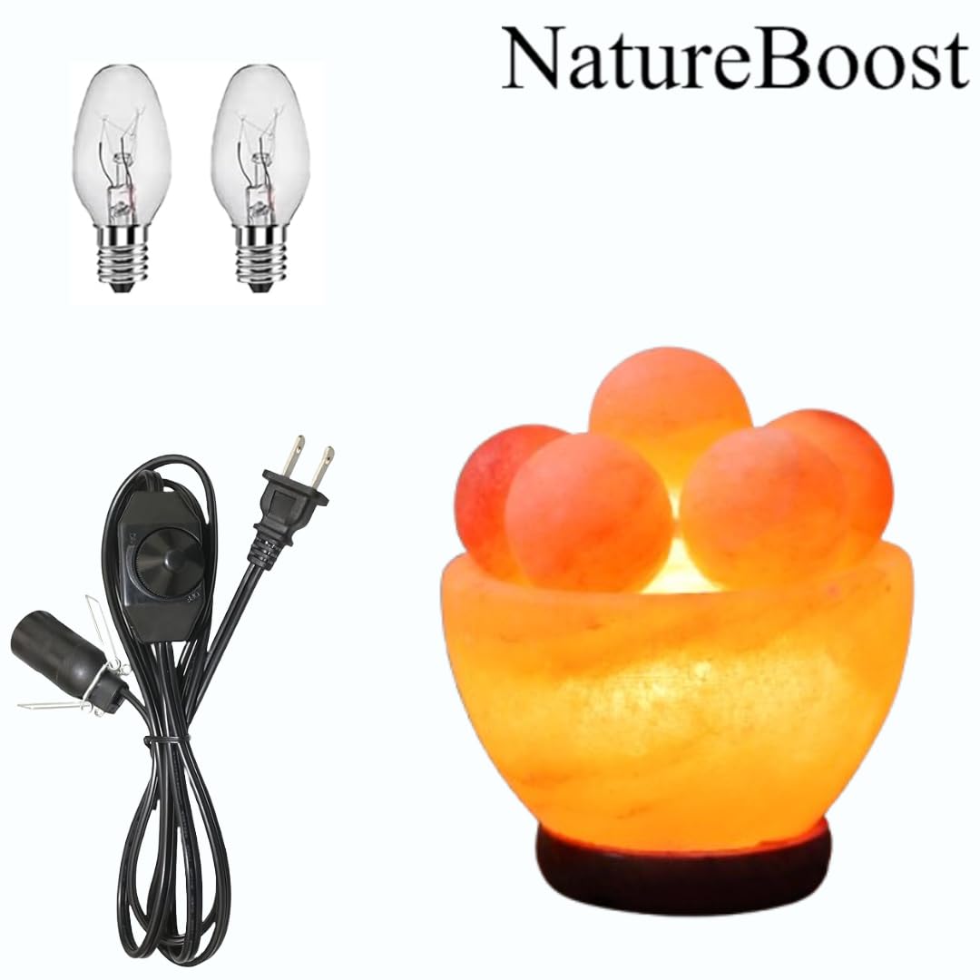 NatureBoost NB Himalayan Pink Salt Lamp Bowl with Salt Balls – Hand-Carved Crystal Rock Salt Lamp with Dimmer Switch & 2 Bulbs – Authentic from Pakistan – Soothing Amber Glow for Home & Office Décor