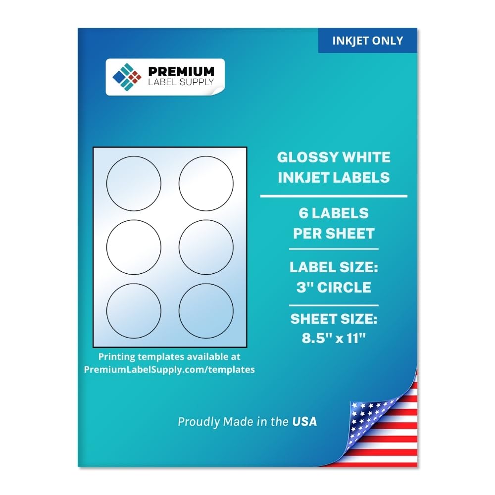 Premium Label Supply Glossy White Sticker Round Labels – 3" Circle – (6 per Sheet) (Glossy White for Inkjet Only, 60 Labels)