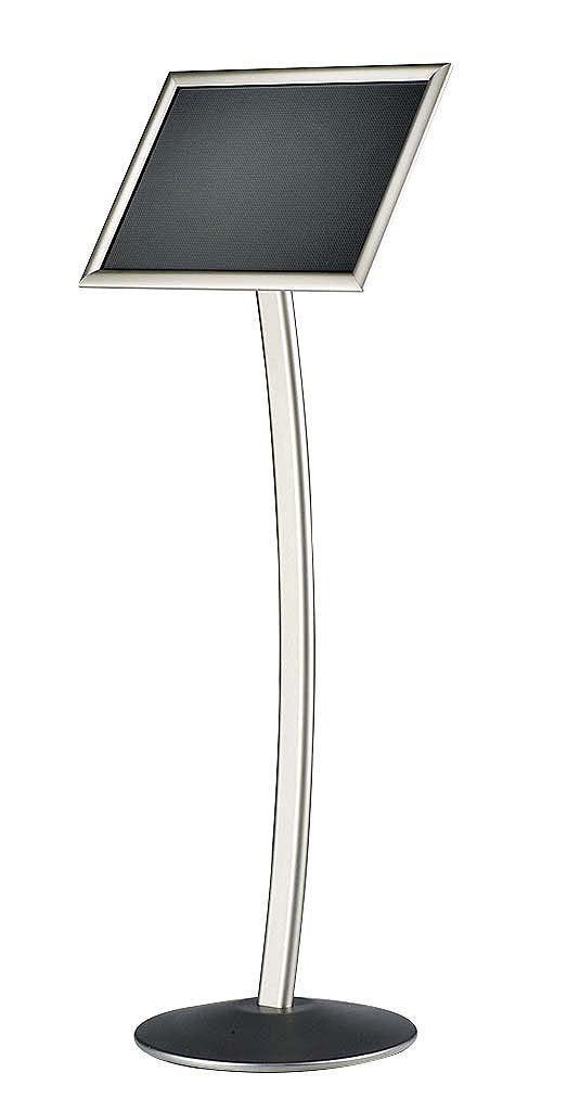 M&T Displays Curved Menu Board, 11x17 inch Silver Pedestal Sign Holder Floor Standing Aluminum Front Loading Easy Open Poster Message Advertisement Holder for Restaurant Cafe Hotel