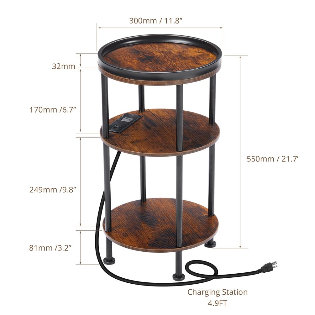 Small Round Side Table with Charging Station for Small Spaces, 3-Tier Round Accent Table with USB Ports & Power Outlets, Corner Table Sofa End Table for Living Room Bedroom (USB Charger, Rustic Brown)