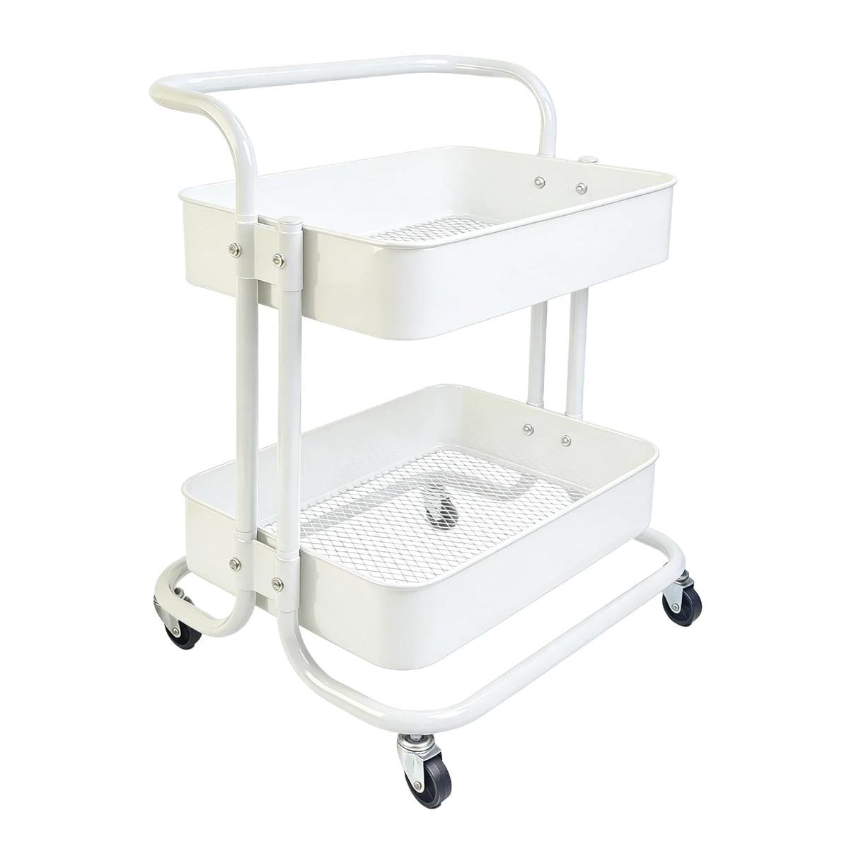 Ufriandz 2 Tier Cart with Wheels Under Desk Storage with Handle, Metal Rolling Pantry Cart for Kitchen White Small Rolling Basket for Laundry Room Bathroom, Utility Shelf Organizer for Small Space