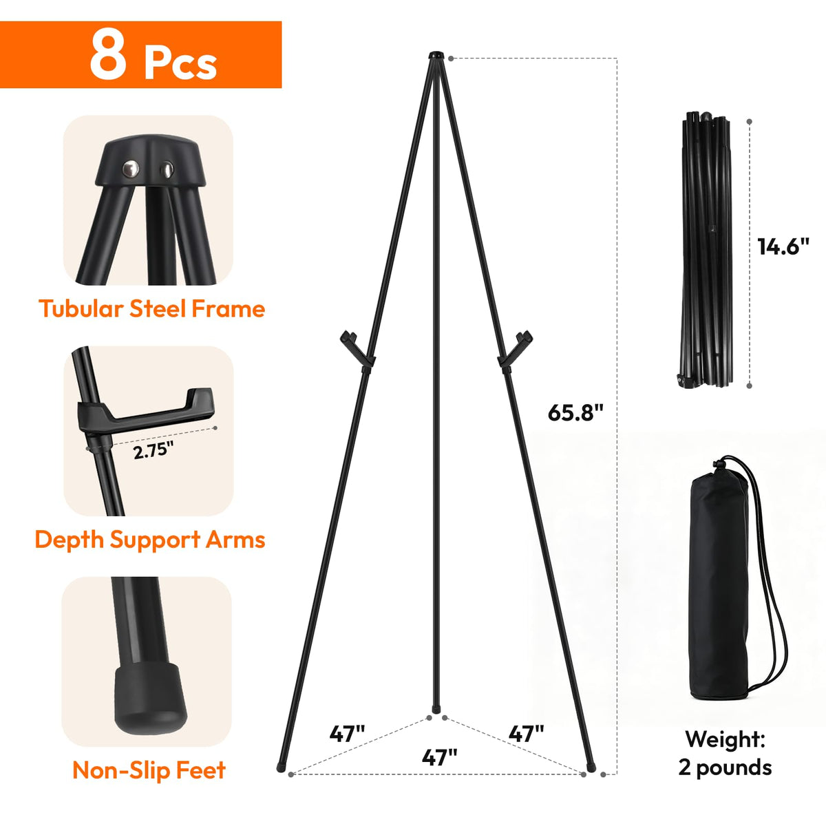 JEAWIWI 8PCS Black Easel Stand for Wedding Sign Stand, 66 Inch Portable Picture Stands for Display, Tripod Artist Easel for Painting, Floor Wedding Welcome Sign Stand, Metal Easel with Portable Bags