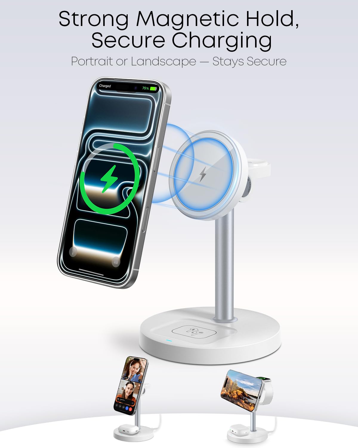 3 in 1 Magnetic Wireless Charging Station, 15W Fast Charger Stand for iPhone, Phone Charger Stand for Desk Nightstand, Compatible with iPhone 17/16/15/14, Apple Watch & AirPods, Adapter Not Included