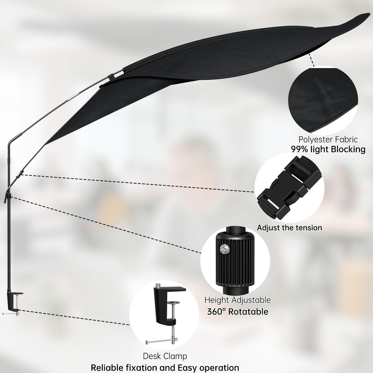 Large Office Cubicle Desk Shade – Blocks Overhead Light, Reduces Eye Strain & Headaches for Light Sensitive Workers, Anti-Glare Canopy, Black