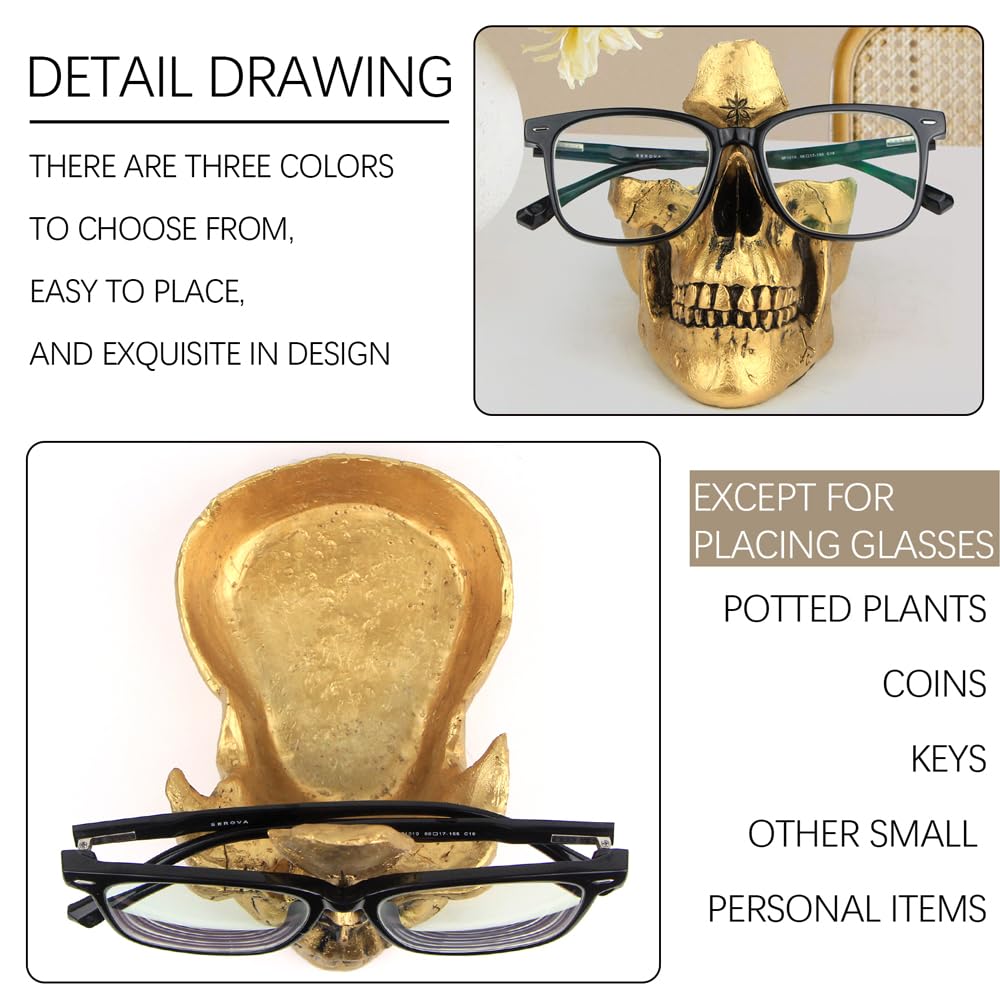 Mrlikale Skull Glasses Stand Holder, Creative Eyeglasses Holder, Sunglasses Spectacle Display Rack, Key Holder Resin Sculptures for Entryway, Home, Office, Desk, Nightstand (Gold)