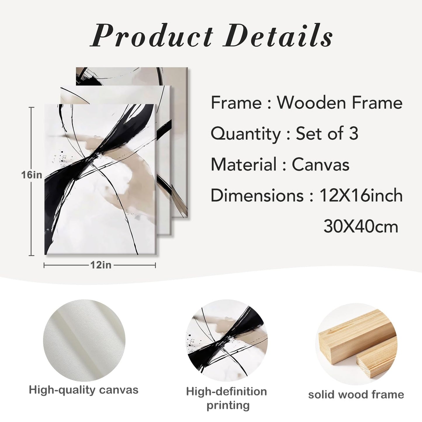 RZIGERNO 3 Pcs Abstract Line Wall Art Modern Minimalist Framed Canvas Prints 12x16 Inch Neutral Black and Beige Wall Decor Posters for Living Room Bedroom Office