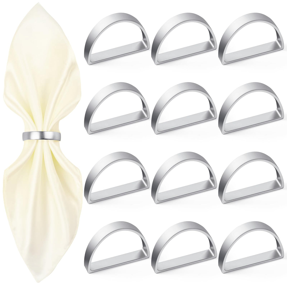 APTWOW Silver Napkin Rings Set of 12, Semicircle Metal Silver Napkin Holder Buckles, Fall Thanksgiving Christmas Napkin Rings for Dinner Table Decor, Wedding, Banquet, Party