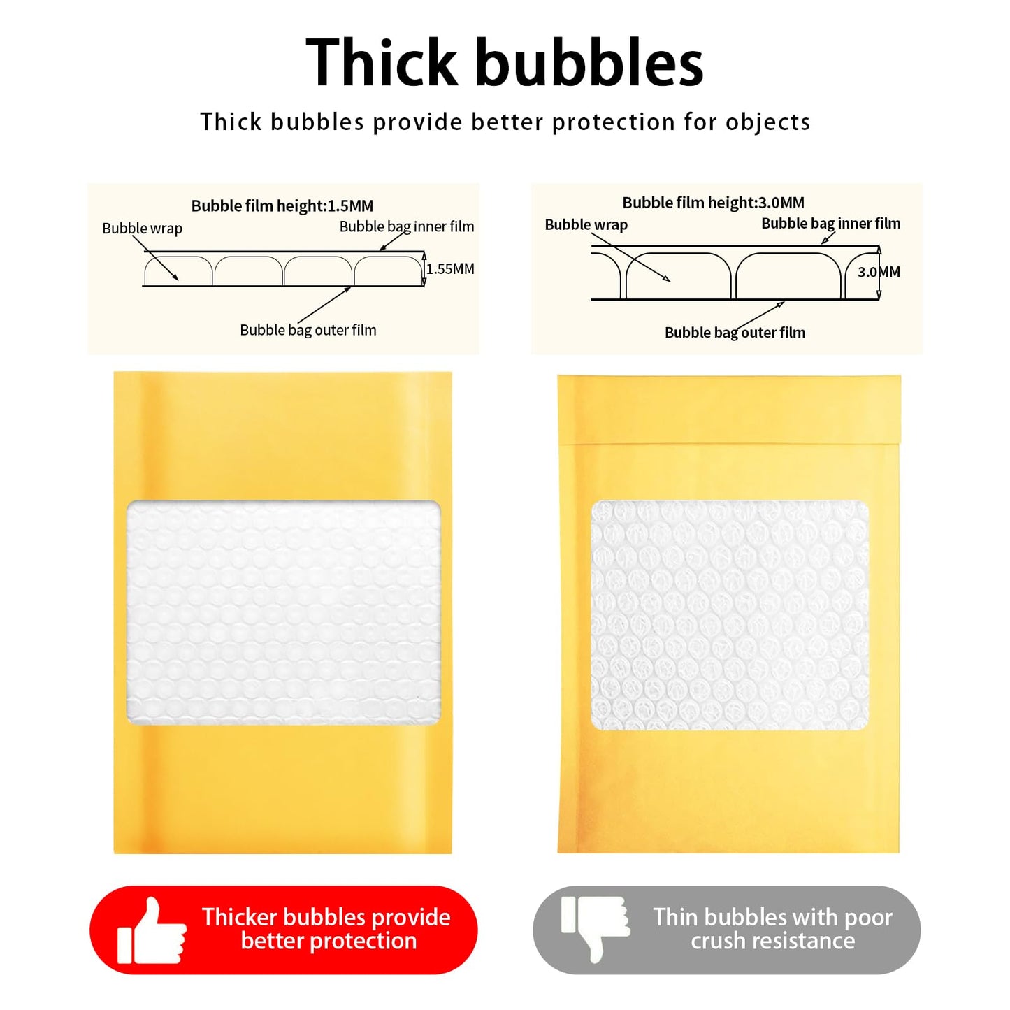packbabol Kraft bubble mailers 10.5x15 Inch 50 Pack,Self-Sealing Paper Envelopes for Packaging,Strong Adhesion Envelope Mailers, Waterproof Cushioned Padded Shipping Bags Yellow #5