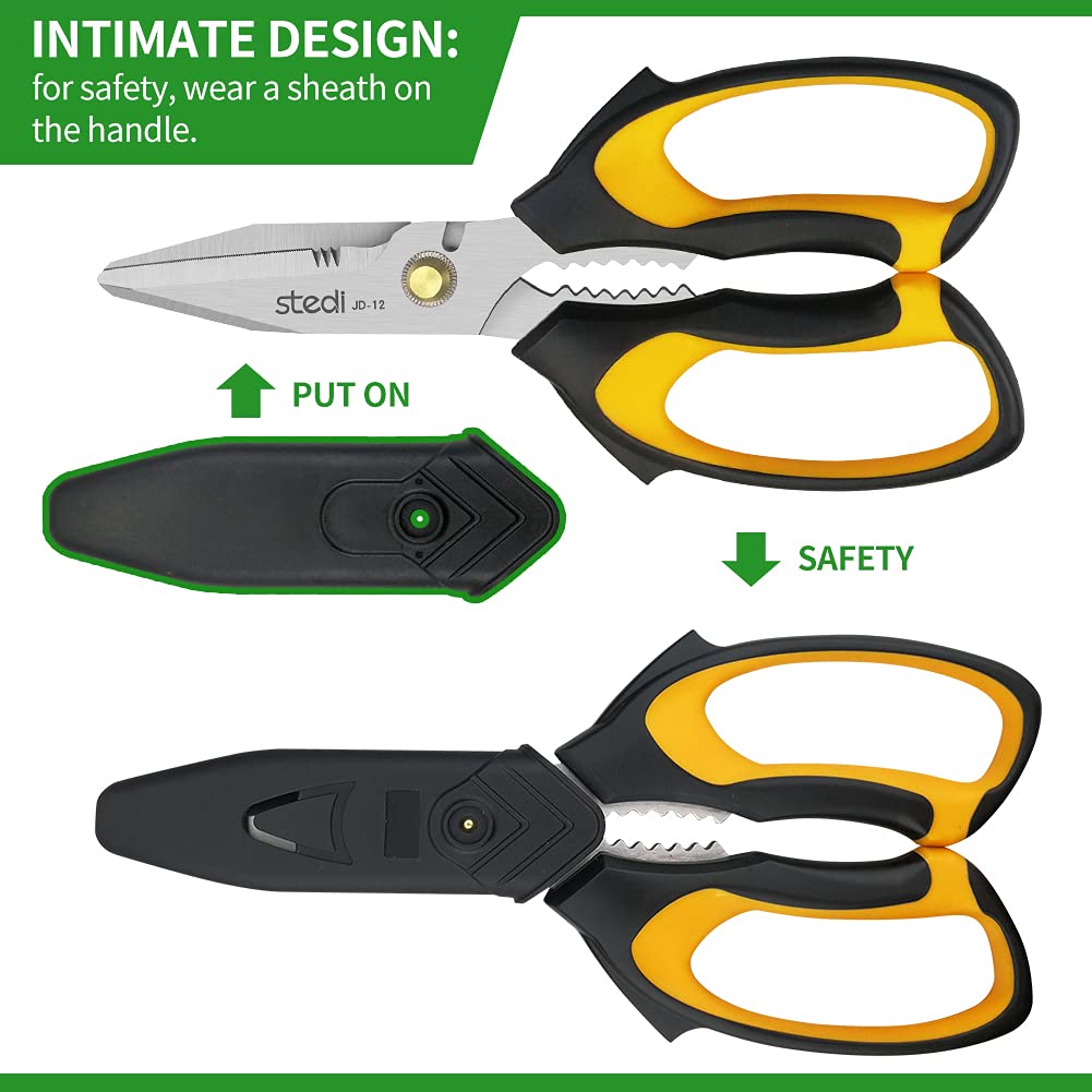 Stedi Scissors Heavy Duty 8-Inch,Multipurpose Scissors,Sharp Stainless Steel Shears with Serrated Edge & Protective Cover,Non-Slip Handle,Easy Cutting Cardboard, Carpet,Leather, Fabric, Wires, Yellow