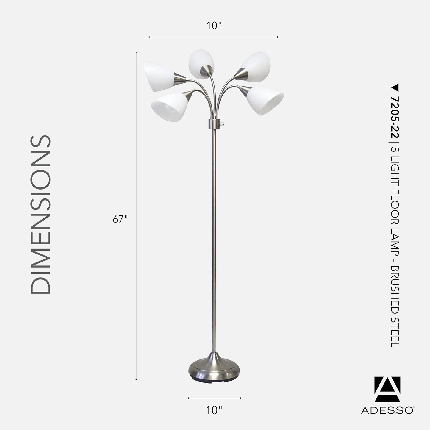 Adesso Floor Lamp with 5 Movable Shades & Adjustable Brightness – Perfect Lighting for Bedroom Decor, Beauty & Art Studio, Silver