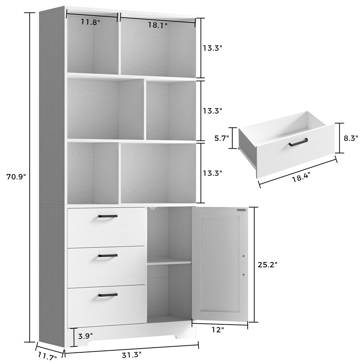 IRONCK Bookshelf, 70.9 Inch Tall Bookcase, Black Book Shelf with Doors and 3 Drawers, 3-Tier Bookshelves with 6 Open Cubes for Home Office, Living Room, Study