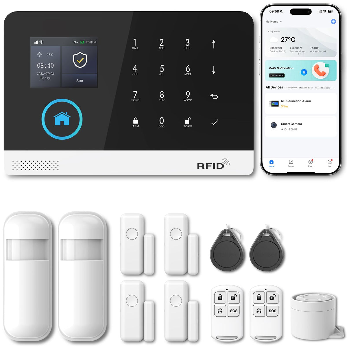 PGST Home Security Systems for House, Wireless Home Security Alarm System, Door/Window Sensor Motion Sensors with App Alert, WiFi+GSM 4G Home Alarm System No Subscription（103-C）