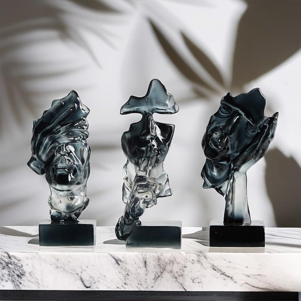 XINXUAN 3PCS Thinker Statue Set : Silence is Gold Abstract Art Statue- Modern Home Resin Sculpture, Piano, Desktop, Office, Study Decoration (Smoke Grey)
