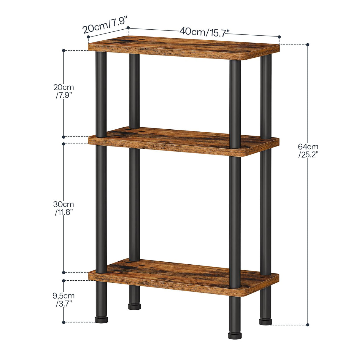 HOOBRO Narrow Side Table, 3-Tier Slim End Table No Tools Needed, Twist-On Assembly, Skinny Nightstand Sofa Storage Shelf for Living Room, Bedroom, Study, Rustic Brown and Black BF246BZ01N1