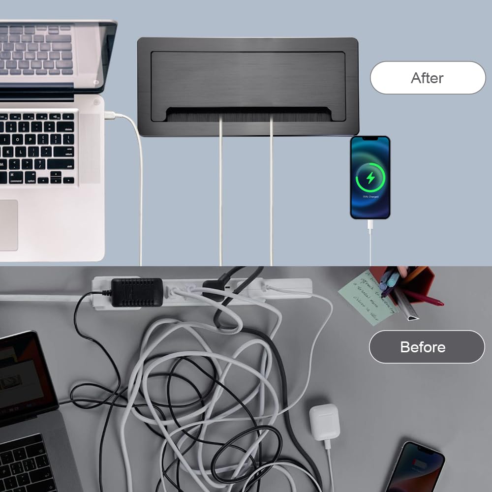 Tabletop Multimedia Connectivity Box with 4 AC Power+2 HDMI+2 RJ45+1 USB3.0 Port +1 USB-C +2 Audio with 5.58ft Power Cord for Conference Room Office Desk(Black)