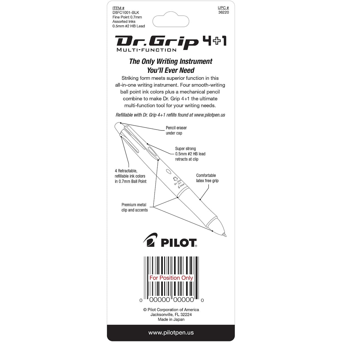 PILOT Dr. Grip 4+1 Multi-Function Refillable & Retractable Ballpoint Pen + Pencil, Fine Point, Black Barrel, Black/Red/Blue/Green Inks, Single Pen (36220)
